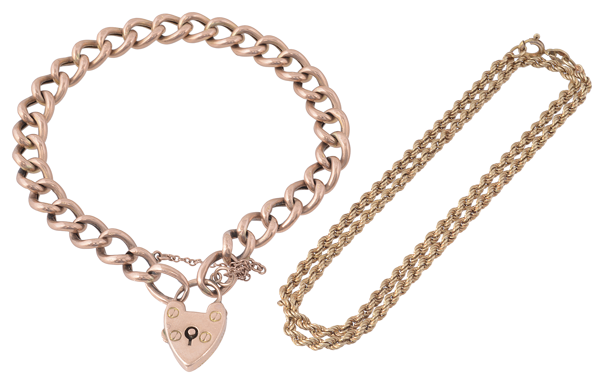 A 9ct rose coloured gold curb link bracelet together with a rope chain necklace