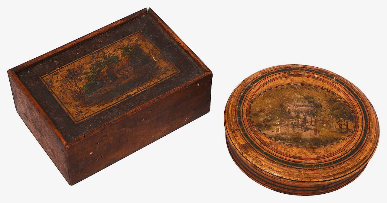 An early 19th century Tunbridge ware ‘The Millers Tomb’ travelling mirror and a white wood box - Image 2 of 10
