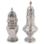 A late Victorian silver sugar caster and a George V silver sugar caster in George I style