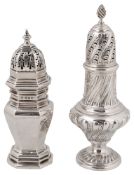 A late Victorian silver sugar caster and a George V silver sugar caster in George I style