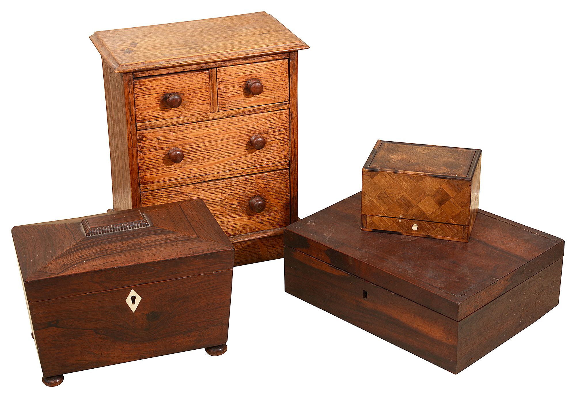 A Regency rosewood sarcophagus tea caddy, an oak tabletop chest of drawers and other boxes