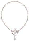 An aquamarine, cultured pearl and diamond-set pendant necklace