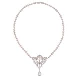 An aquamarine, cultured pearl and diamond-set pendant necklace