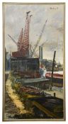 Jack D. Pountney (British, 1921-1997) 'Thameside, Greenwich', oil on board