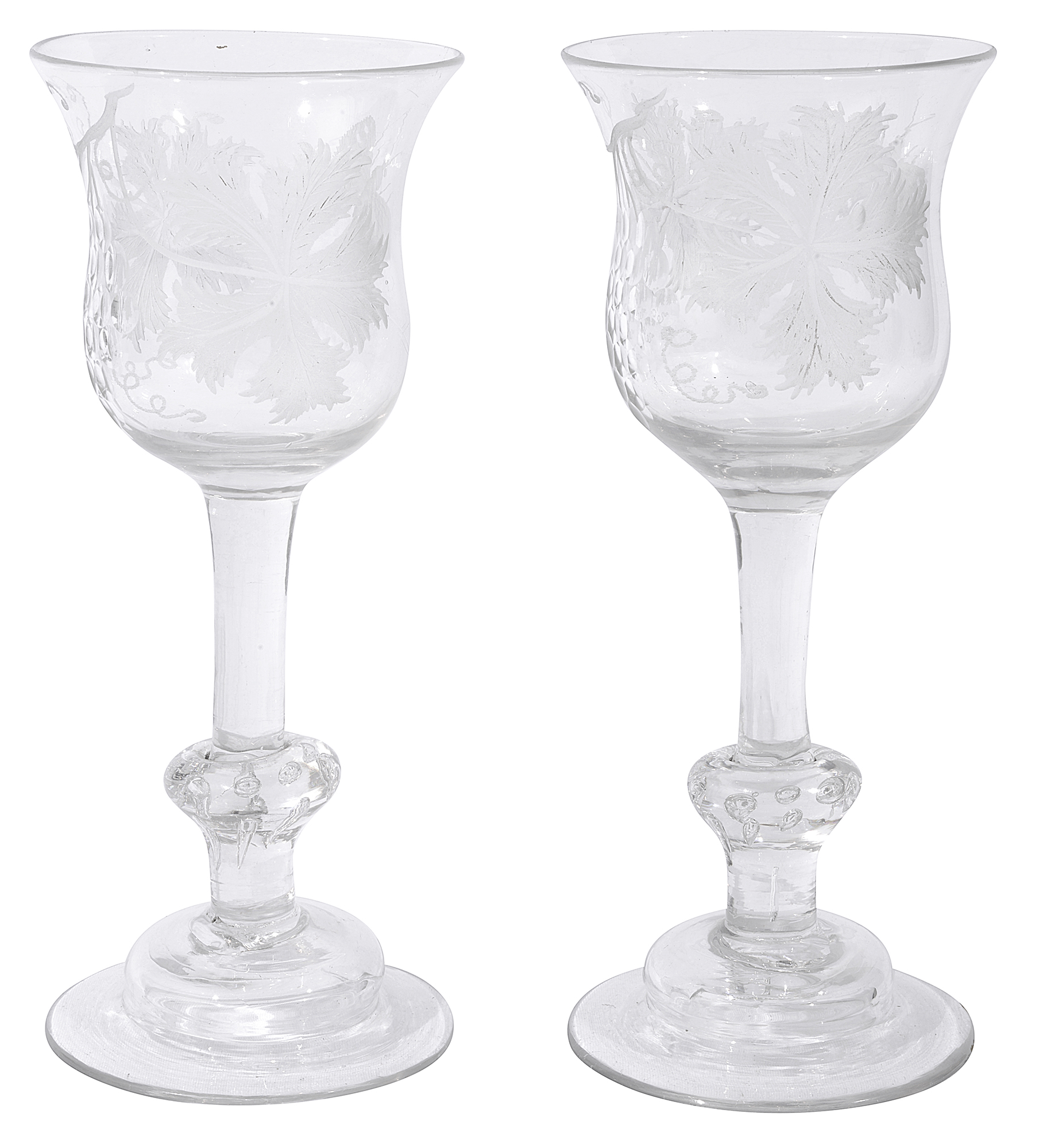 A pair of mid 18th century engraved composite stem wine glasses - Image 2 of 4