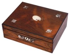 An early 19th century rosewood and mother of pearl inlaid artist's watercolour box by J. Newmans c.1