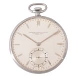 A slim stainless steel pocket watch retailed by Goldsmith & Silversmith