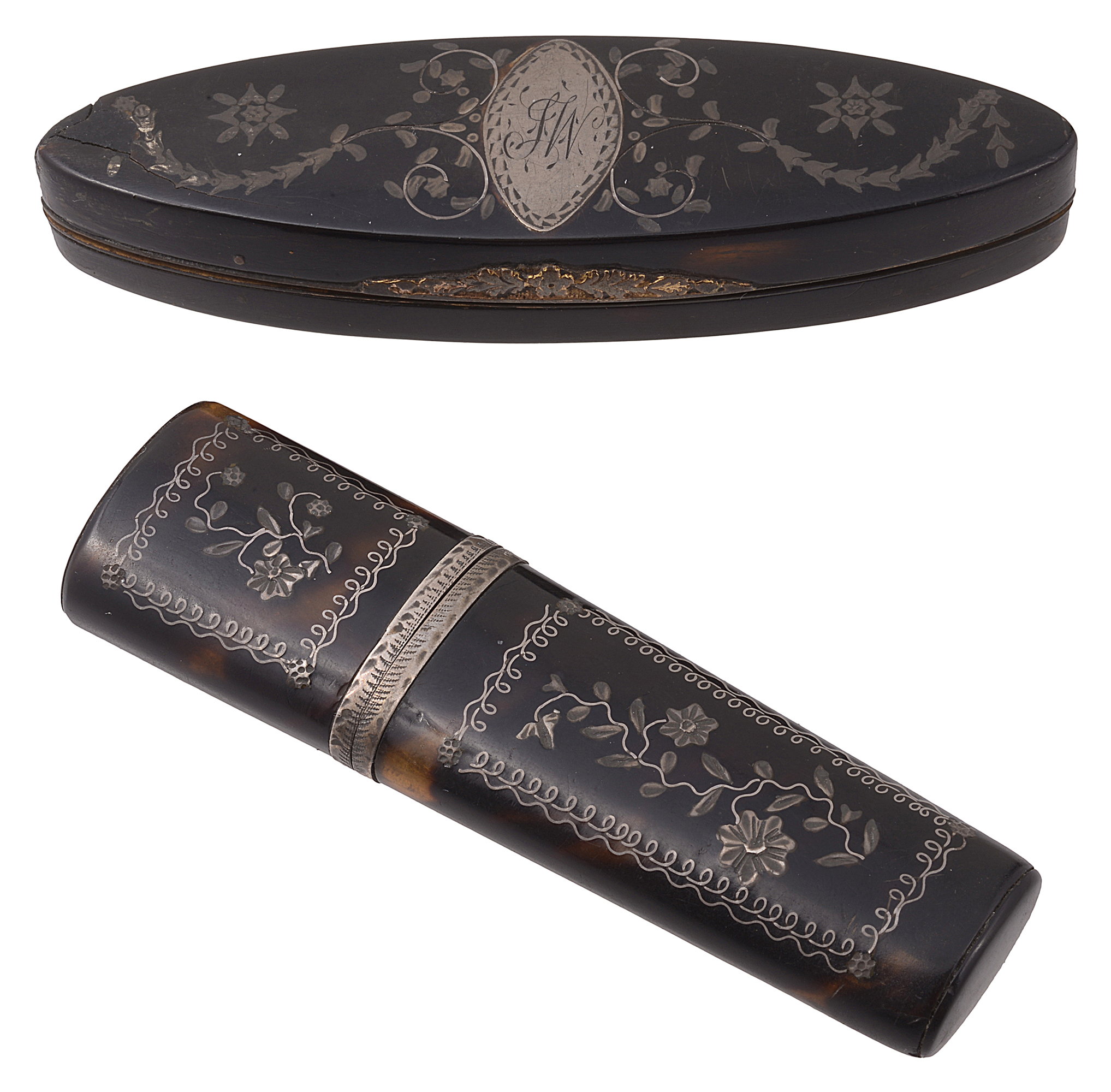 George III tortoiseshell and silver pique inlaid toothpick case c.1790 and a needle case