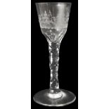 A late 18th century engraved facet stem wine glass c.1770