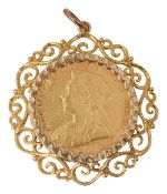 A 9ct gold mounted late Victorian sovereign pendant