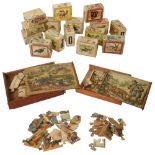 Four mid 19th century dissected wooden jigsaw puzzles and a set of fifteen Victorian printed alphabe