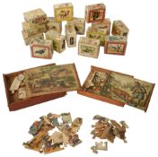 Four mid 19th century dissected wooden jigsaw puzzles and a set of fifteen Victorian printed alphabe