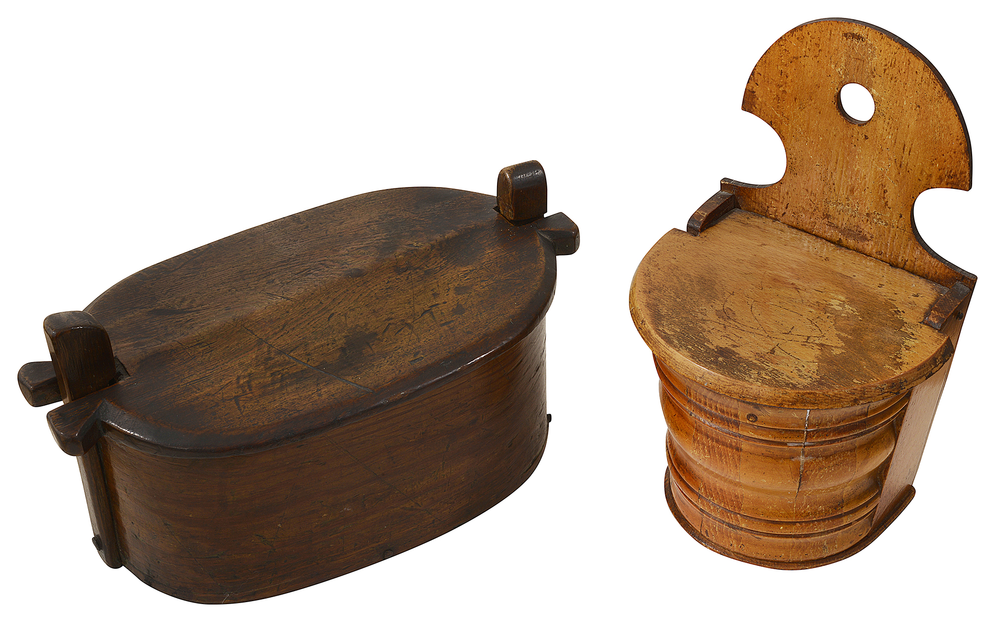 A 19th century Scandinavian bentwood storage box and cover and a Scottish treen hanging salt box