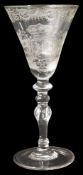 A Dutch engraved armorial light baluster goblet c.1760 in the manner of Jacob Sang