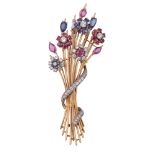 A brilliant-cut diamond, sapphire and ruby spray brooch