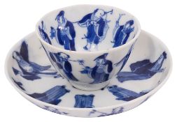 A late 19th century Chinese blue and white porcelain Immortals tea bowl and saucer