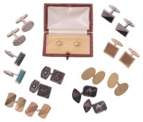 Three pairs of 9ct gold cufflinks, 9ct collar studs and assorted cufflinks