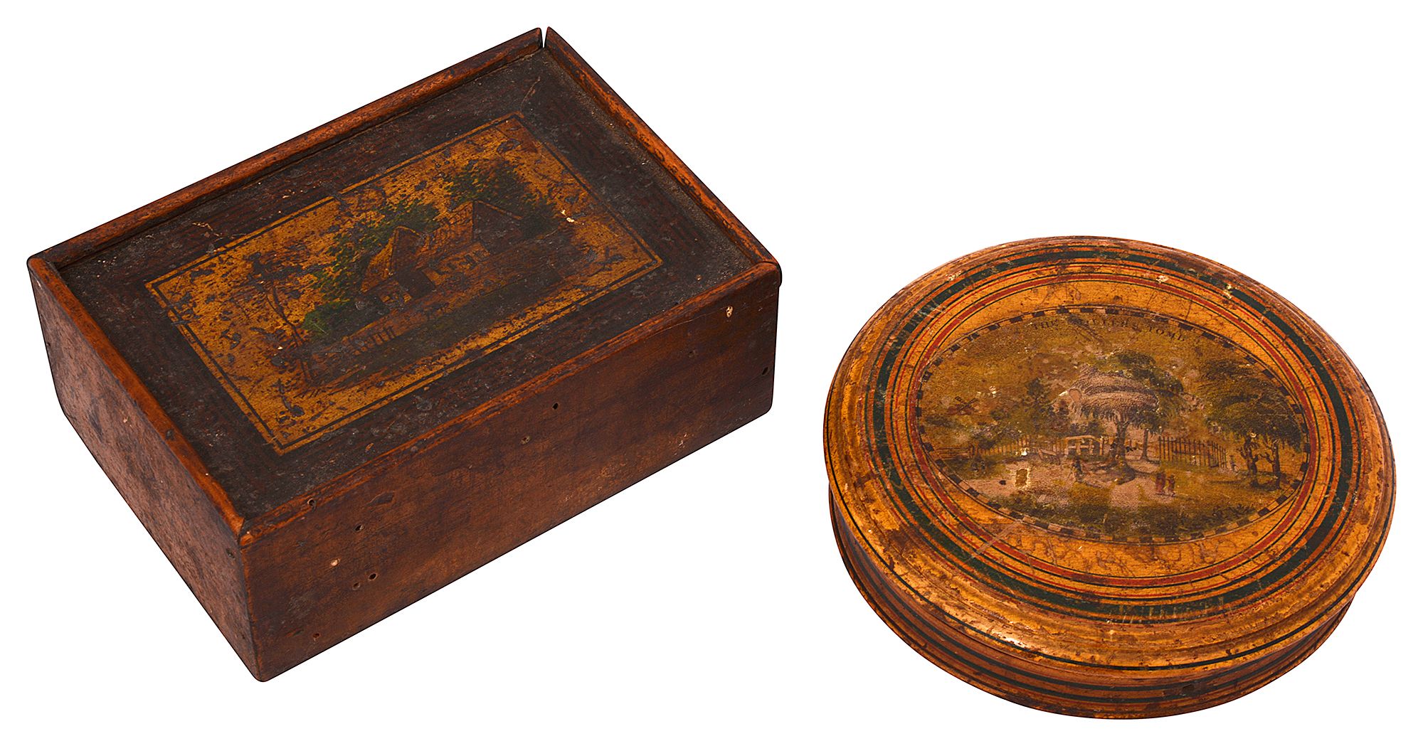 An early 19th century Tunbridge ware ‘The Millers Tomb’ travelling mirror and a white wood box