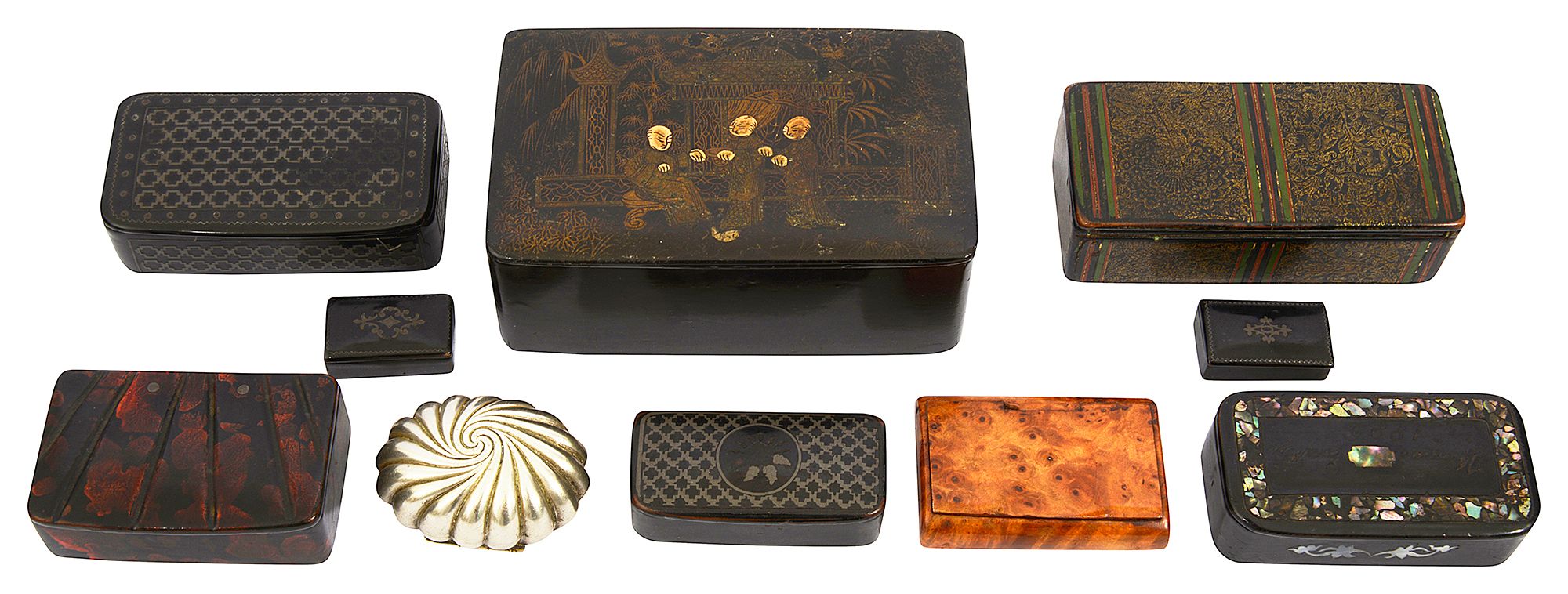 A collection of 19th century black lacquered papier mache and other snuff boxes