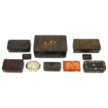 A collection of 19th century black lacquered papier mache and other snuff boxes