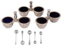 A set of three silver George V double silver salt cellars