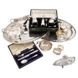 A cased modern silver three piece cruet set, an Edwardian inkstand and other silver and electroplate