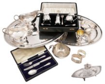 A cased modern silver three piece cruet set, an Edwardian inkstand and other silver and electroplate