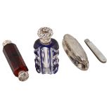An early Victorian silver mounted blue overlaid cut glass scent bottle, a double ended silver mounte