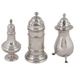 A George V silver lighthouse silver sugar caster and two others