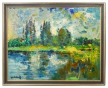 James Lawrence Isherwood (1917-1989) 'Poplar Trees Reflections', oil