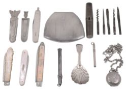 A collection of silver, a George III silver pocket knife and a William IV caddy