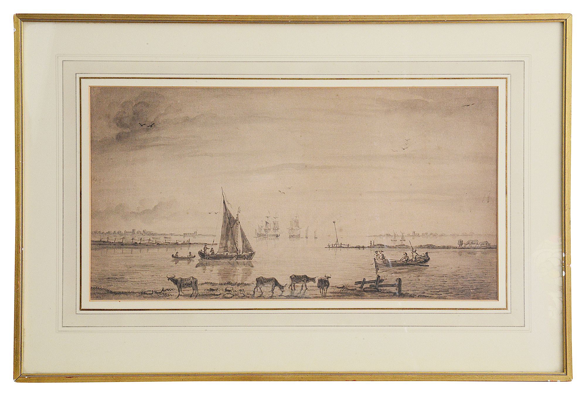 Dutch school (late 18th century) 'Estuarine landscape with, sailing boats, tall ships and grazing ca