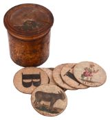 An early 19th century Picture Alphabet set contained in a turned wooden box .c.1830