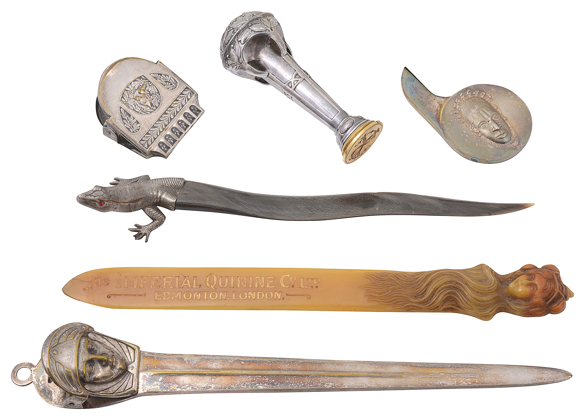 A collection of continental Seccessionist and other desk items and letter openers