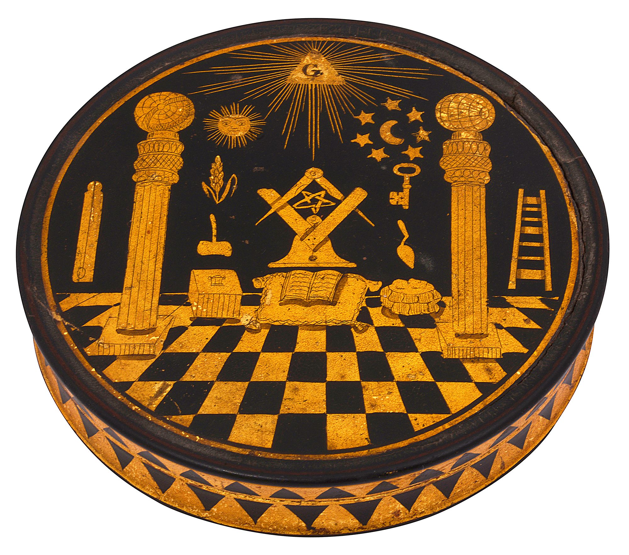 Masonic Interest. An early 19th century black lacquer snuff box and cover