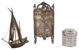 A late 19th century Dutch novelty miniature silver bowfronted corner cupboard, a .833 cachou box and