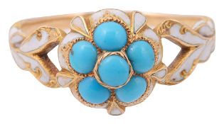 A mid 19th century yellow gold, white enamel and turquoise sentimental ring