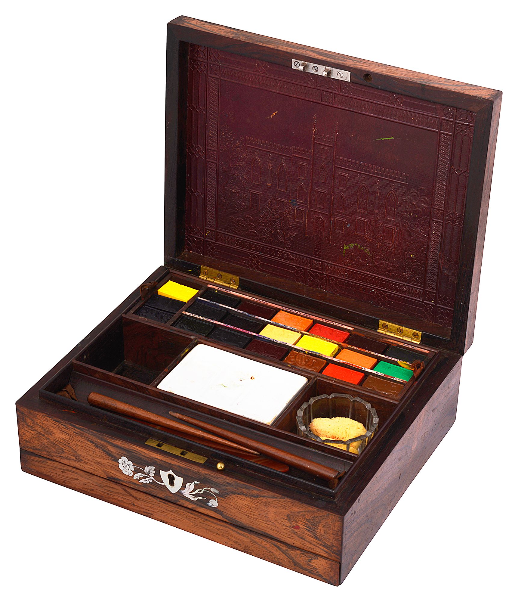 An early 19th century rosewood and mother of pearl inlaid artist's watercolour box by J. Newmans c.1 - Image 2 of 10