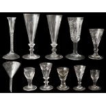 An 18th century engraved wine glass and other 18th century and later drinking glasses