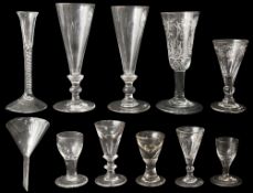 An 18th century engraved wine glass and other 18th century and later drinking glasses