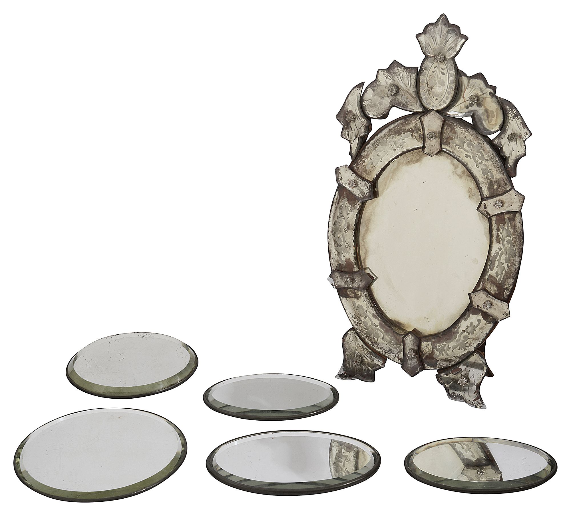 A Venetian glass easel mirror and five reflectors