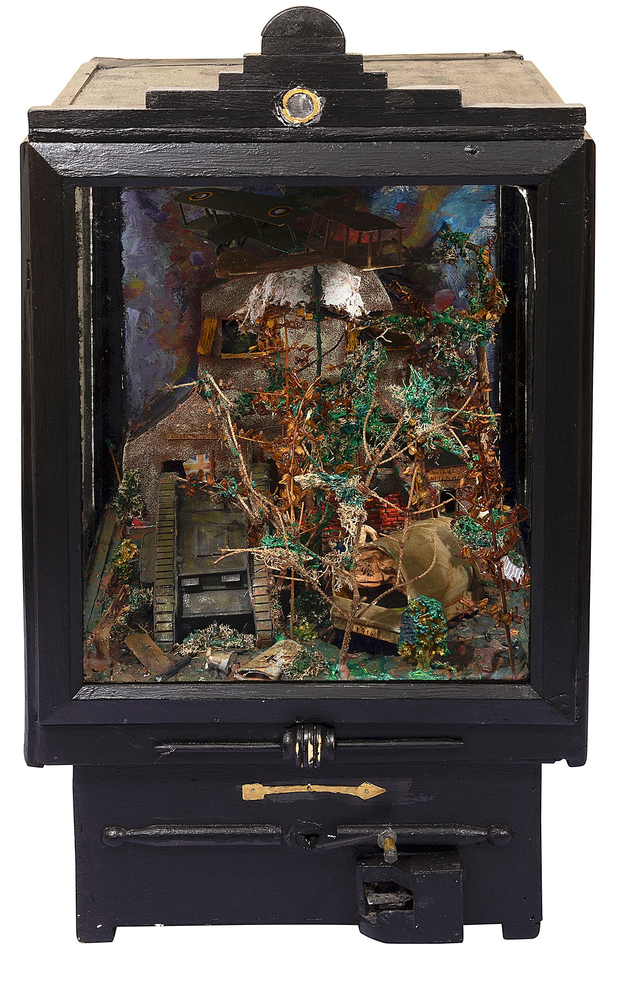 A cased scatch built automaton diorama of a World War scene