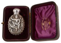 A late 19th century cased Indian silver scent bottle