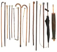 A collection of eighteen canes, walking sticks, riding crops and umbrellas