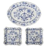 A late 19th Meissen blue Onion pattern porcelain oval serving platter and two square serving dishes