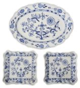 A late 19th Meissen blue Onion pattern porcelain oval serving platter and two square serving dishes