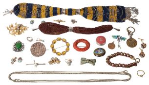 A collection of costume jewellery inc gold and seed pearl V brooch and two purses