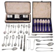 A cased George V silver three piece cruet set, George III bright cut teaspoons and other silver