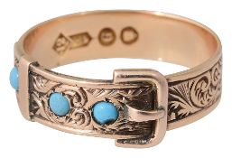 A late Victorian 12ct gold and turquoise set buckle ring