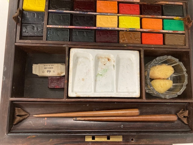 An early 19th century rosewood and mother of pearl inlaid artist's watercolour box by J. Newmans c.1 - Image 3 of 10